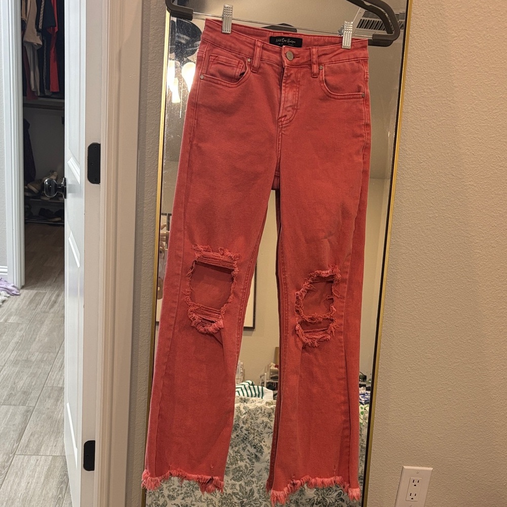 Straight Leg High-Rise Distressed Jeans in Coral Red